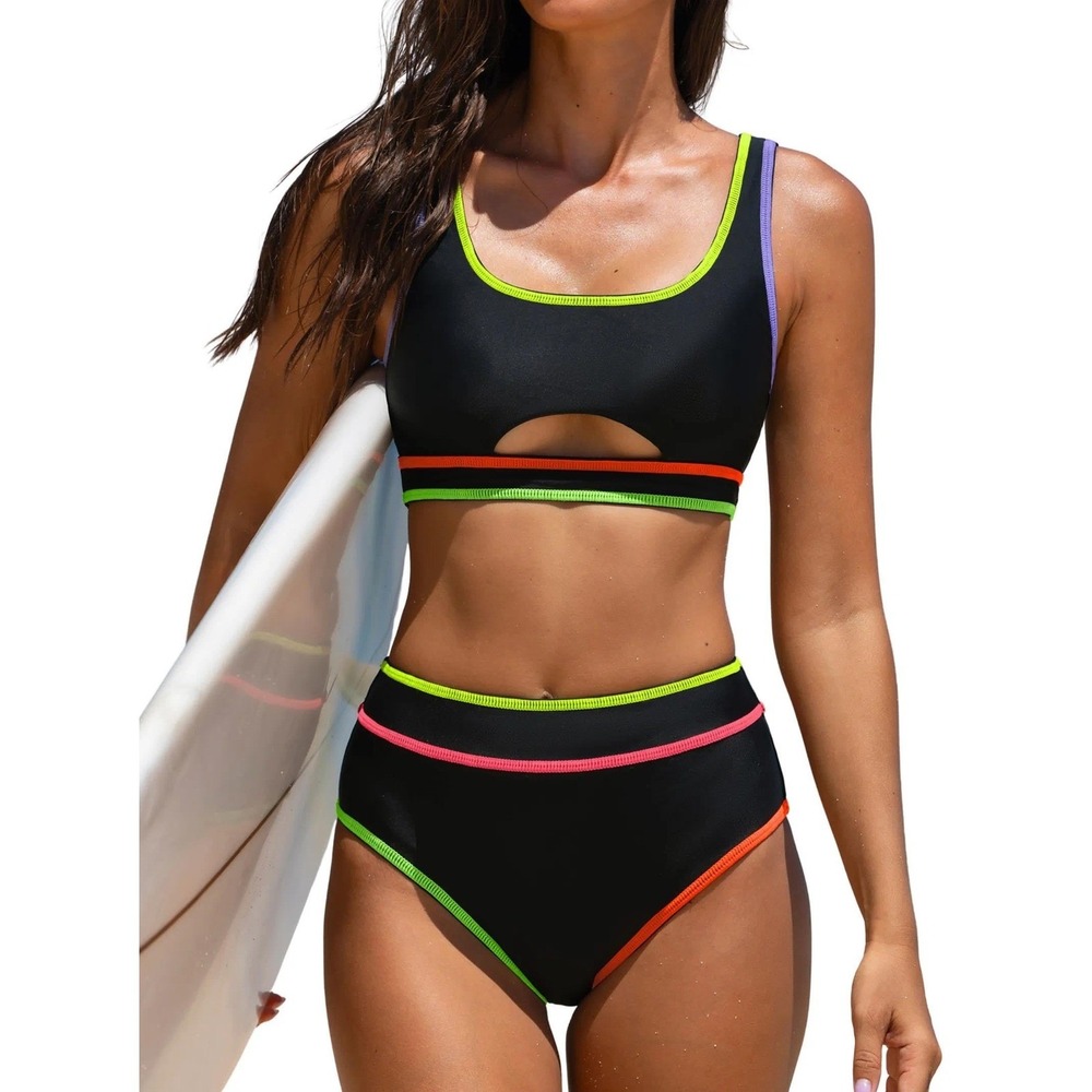 NWT Popvil High Waisted Bikini Set Neon Cut Out Crossback Sporty Swimsuit Small